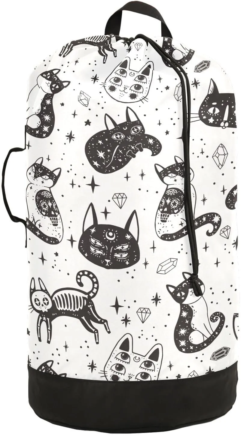 Witch's Cat White Halloween Nylon Travel Laundry Bag for Luggage Dirty Heavy Duty Dirty Clothes Organizer with Drawstring Closure & Shoulder Straps Clothes Hamper Bag for Apartment College Factories