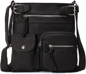Women Crossbody Bags Vintage Messenger Vegan Leather Pocket Purse Shoulder Satchel Handbags Zipper Multi