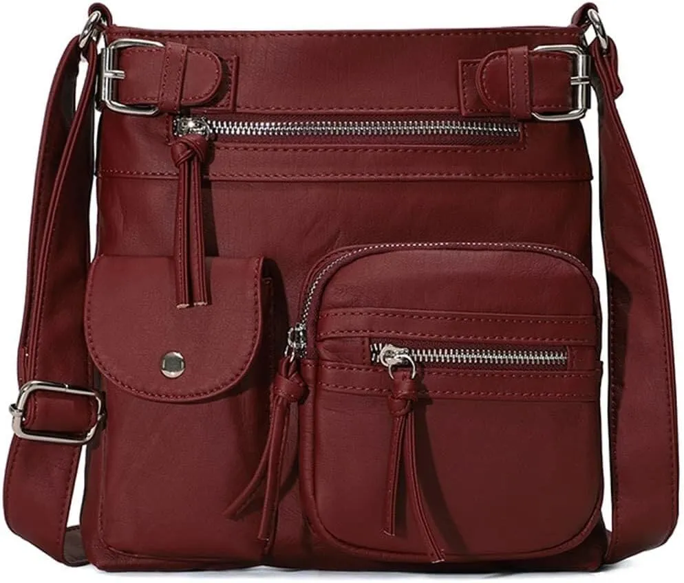 Women Crossbody Bags Vintage Messenger Vegan Leather Pocket Purse Shoulder Satchel Handbags Zipper Multi