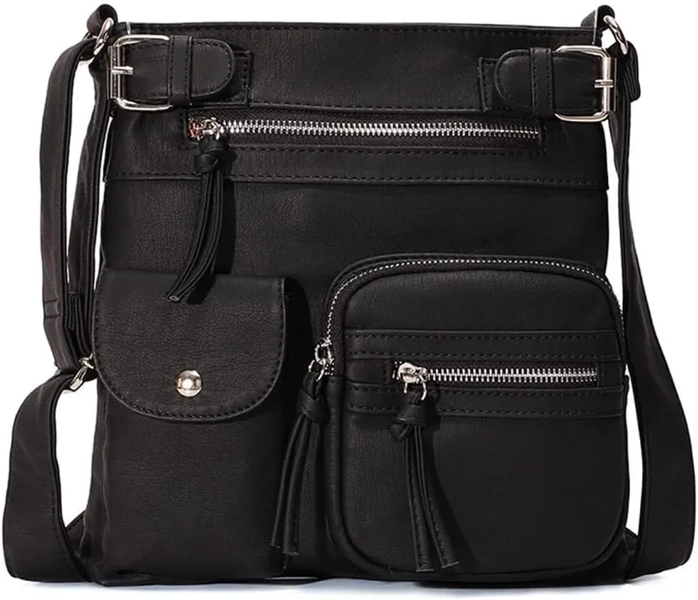 Women Crossbody Bags Vintage Messenger Vegan Leather Pocket Purse Shoulder Satchel Handbags Zipper Multi