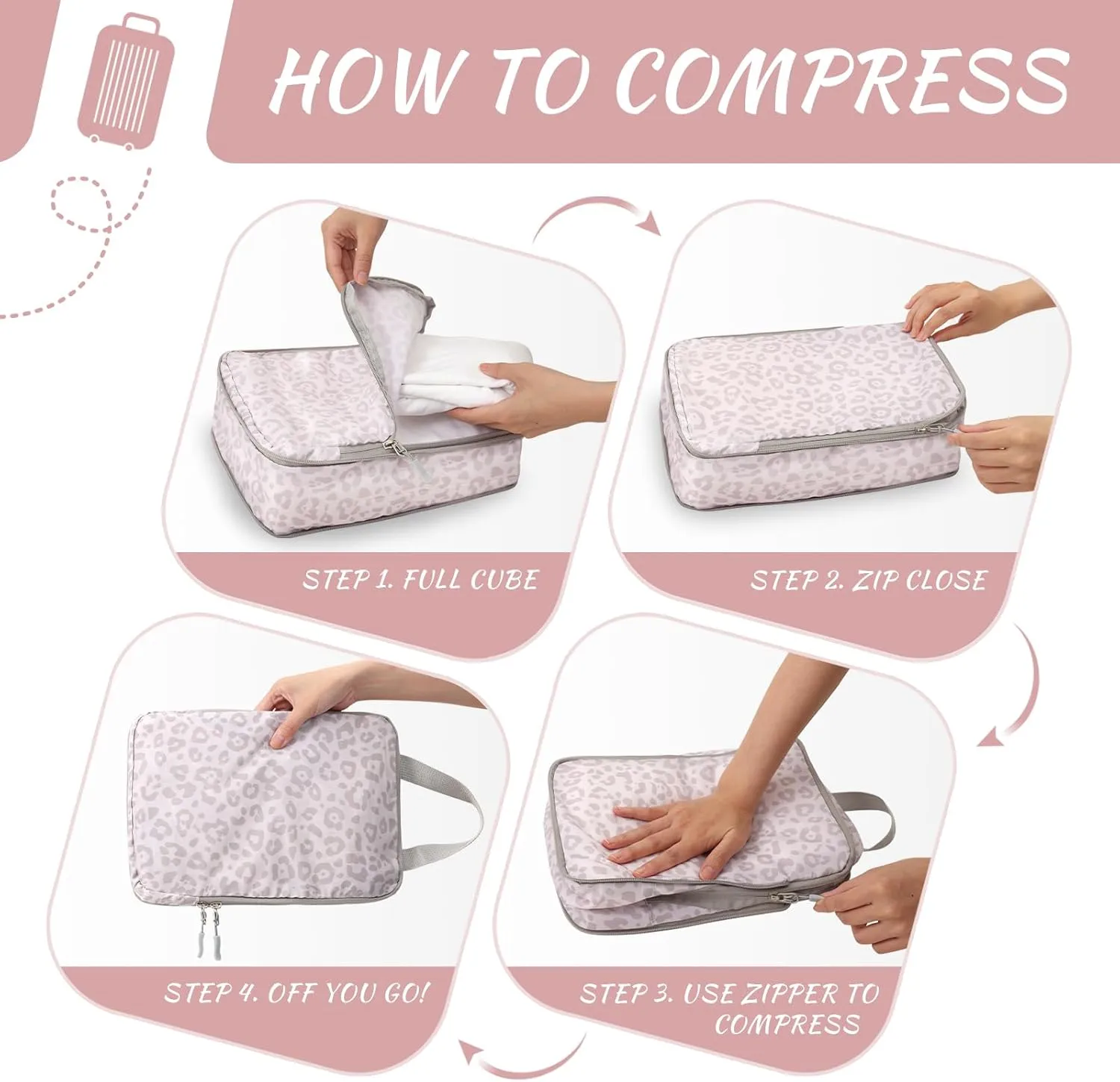 WOOMADA Compression Packing Cubes for Suitcases Travel Essentials 4 Set Expandable Travel Bags Organizer for Luggage(pink leopard)