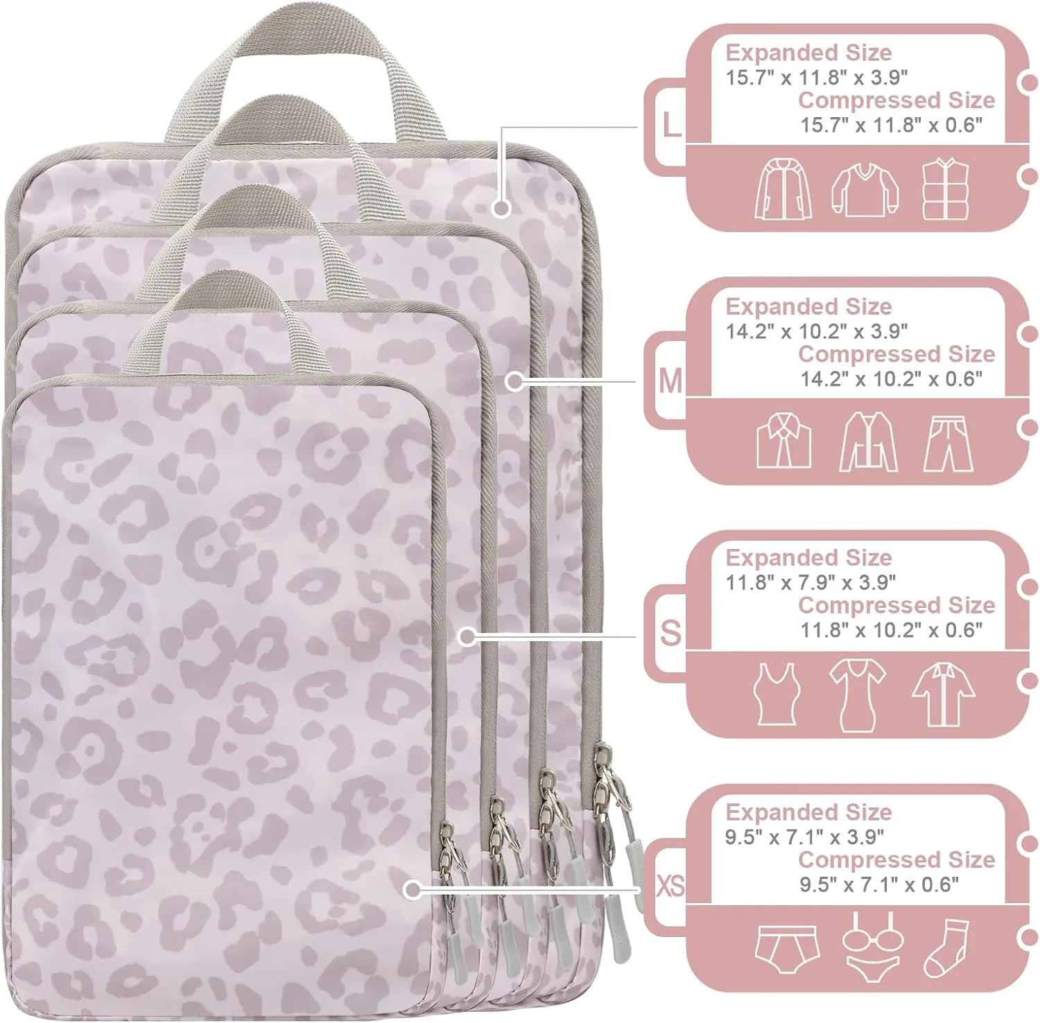 WOOMADA Compression Packing Cubes for Suitcases Travel Essentials 4 Set Expandable Travel Bags Organizer for Luggage(pink leopard)