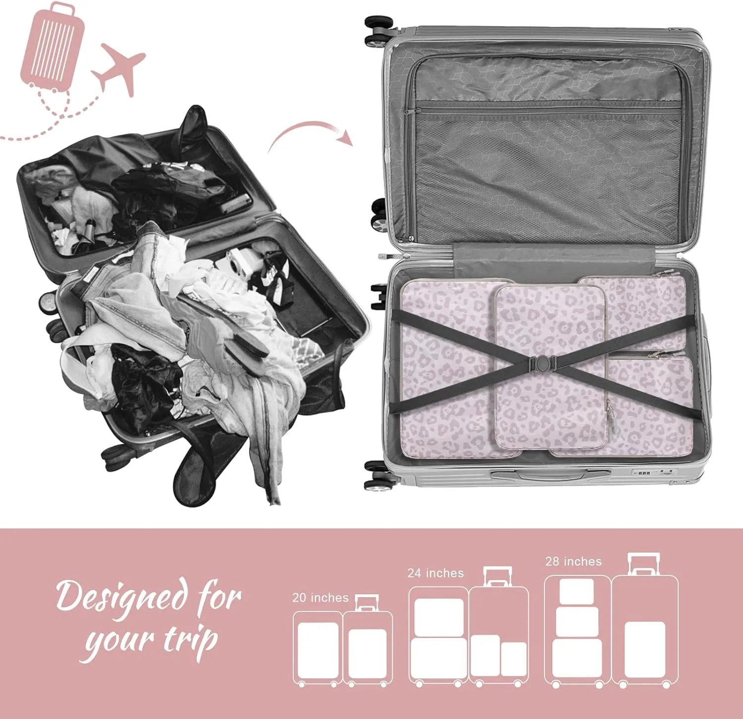 WOOMADA Compression Packing Cubes for Suitcases Travel Essentials 4 Set Expandable Travel Bags Organizer for Luggage(pink leopard)