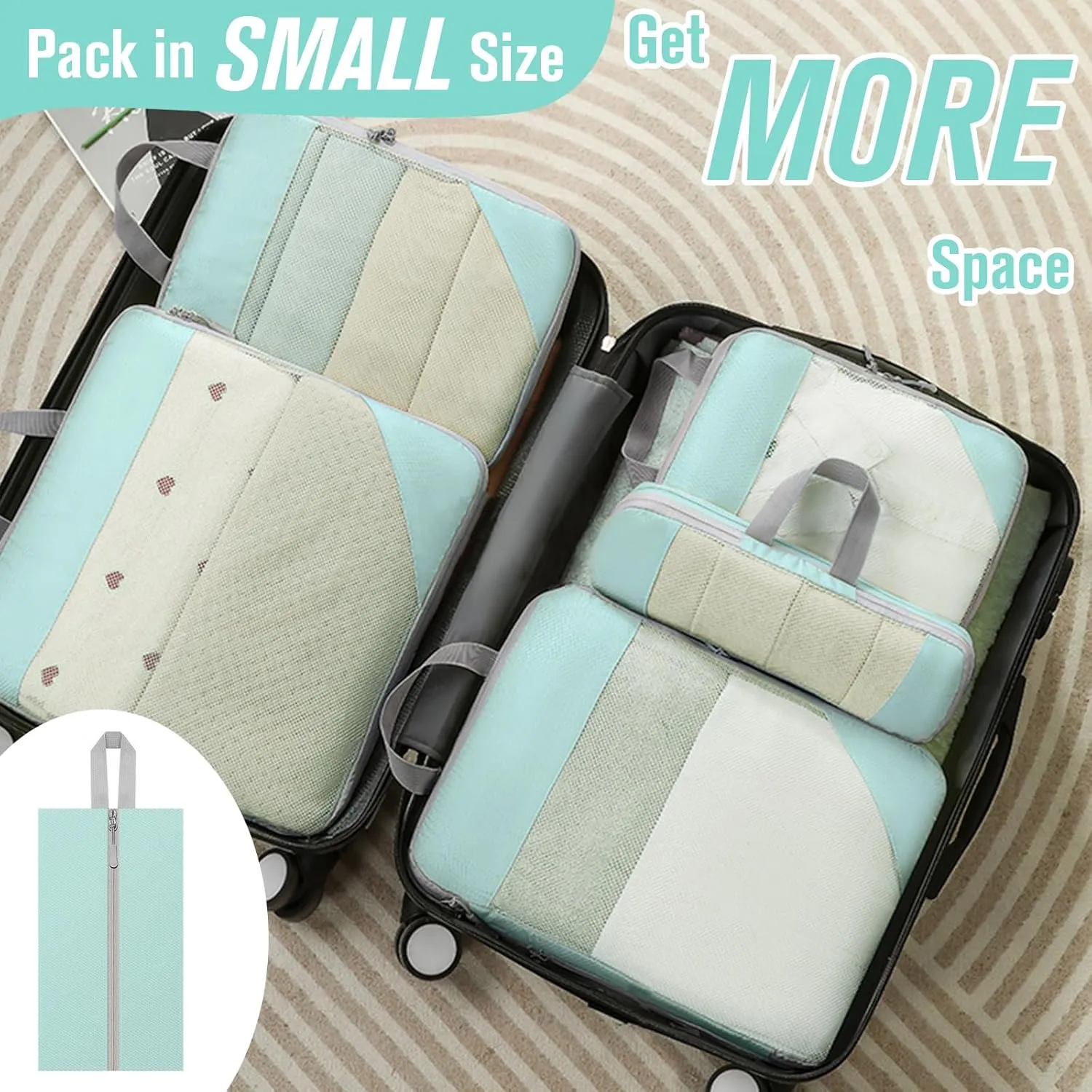 WOOMADA Compression Packing Cubes for Suitcases Travel Essentials 6 Set Rectangle Mesh Expandable Travel Bags Organizer for Luggage