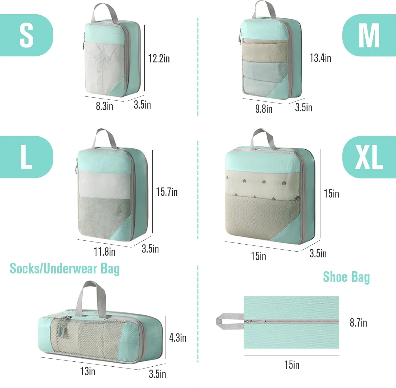 WOOMADA Compression Packing Cubes for Suitcases Travel Essentials 6 Set Rectangle Mesh Expandable Travel Bags Organizer for Luggage