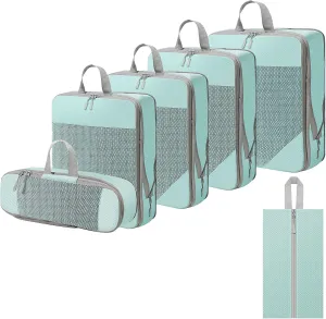 WOOMADA Compression Packing Cubes for Suitcases Travel Essentials 6 Set Rectangle Mesh Expandable Travel Bags Organizer for Luggage