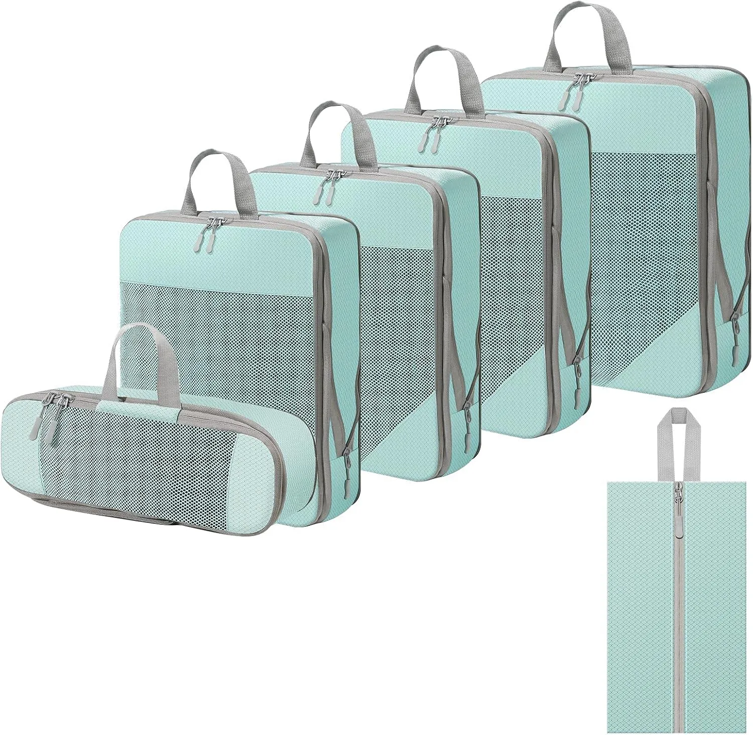 WOOMADA Compression Packing Cubes for Suitcases Travel Essentials 6 Set Rectangle Mesh Expandable Travel Bags Organizer for Luggage
