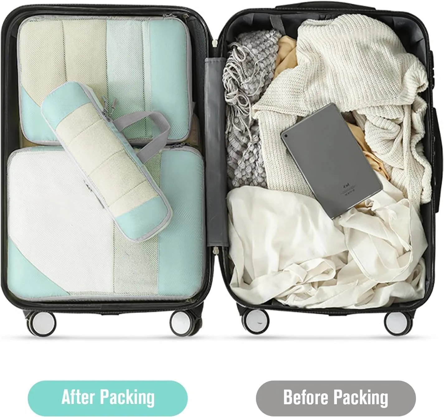 WOOMADA Compression Packing Cubes for Suitcases Travel Essentials 6 Set Rectangle Mesh Expandable Travel Bags Organizer for Luggage