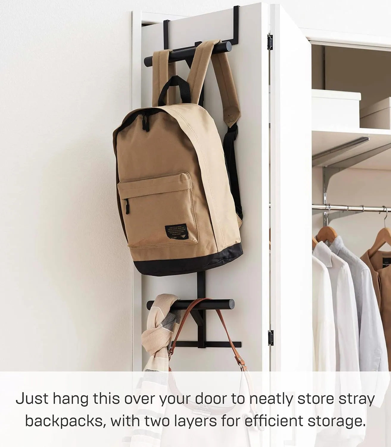Yamazaki Home Tower Backpack Over The Door Hanger for Closet Or Bedroom, Two-Tiered Bookbag Metal Storage Rack, Easy Installation - Steel