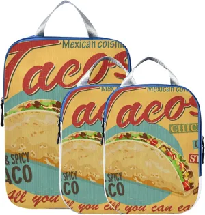 Yellow Mexican Food Tortilla, Hamburger, Burrito, Tequila 3 Set Packing Cubes, Travel Packing Organizers for Suitcases, Waterproof Check Oxford Toiletry Compression Luggage Storage Bag