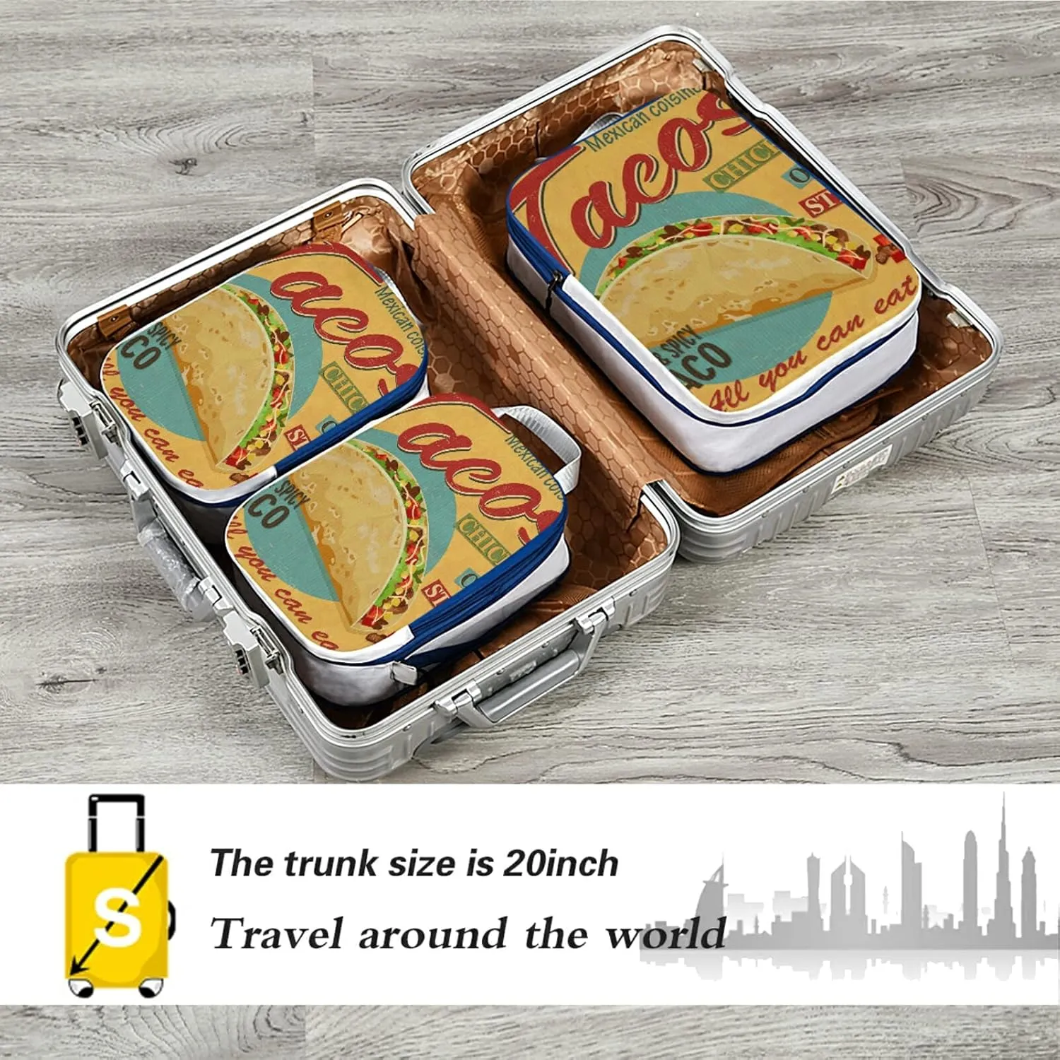 Yellow Mexican Food Tortilla, Hamburger, Burrito, Tequila 3 Set Packing Cubes, Travel Packing Organizers for Suitcases, Waterproof Check Oxford Toiletry Compression Luggage Storage Bag