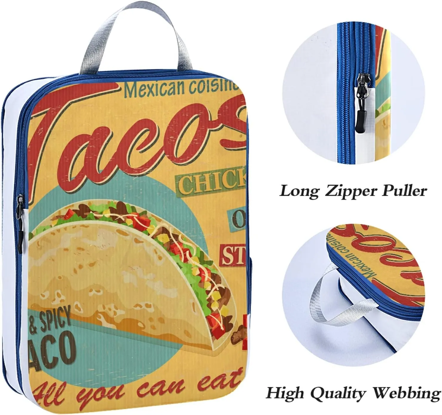 Yellow Mexican Food Tortilla, Hamburger, Burrito, Tequila 3 Set Packing Cubes, Travel Packing Organizers for Suitcases, Waterproof Check Oxford Toiletry Compression Luggage Storage Bag