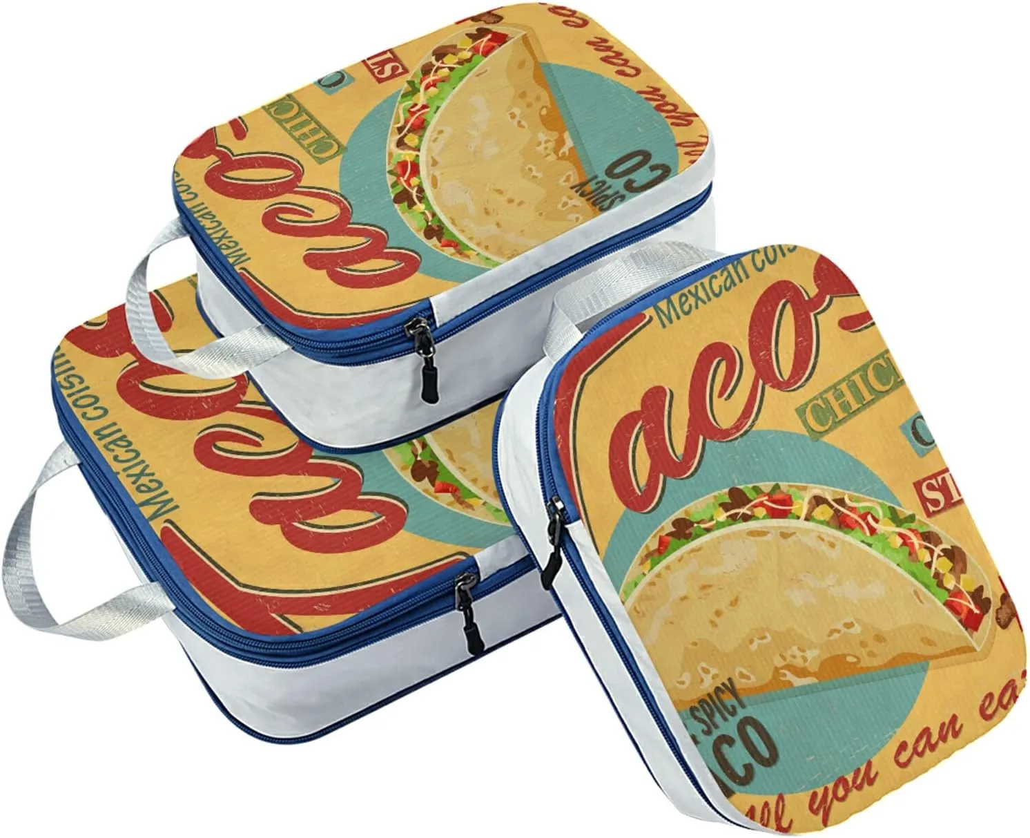 Yellow Mexican Food Tortilla, Hamburger, Burrito, Tequila 3 Set Packing Cubes, Travel Packing Organizers for Suitcases, Waterproof Check Oxford Toiletry Compression Luggage Storage Bag