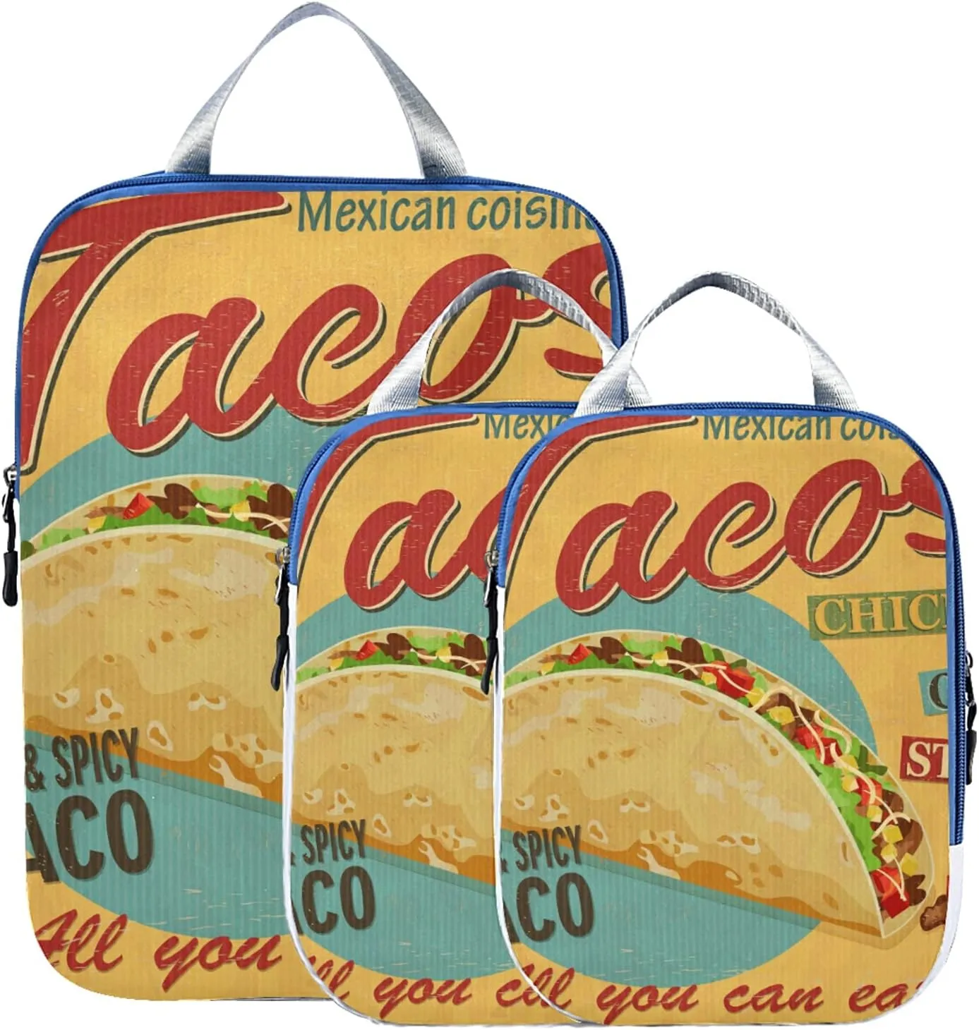 Yellow Mexican Food Tortilla, Hamburger, Burrito, Tequila 3 Set Packing Cubes, Travel Packing Organizers for Suitcases, Waterproof Check Oxford Toiletry Compression Luggage Storage Bag