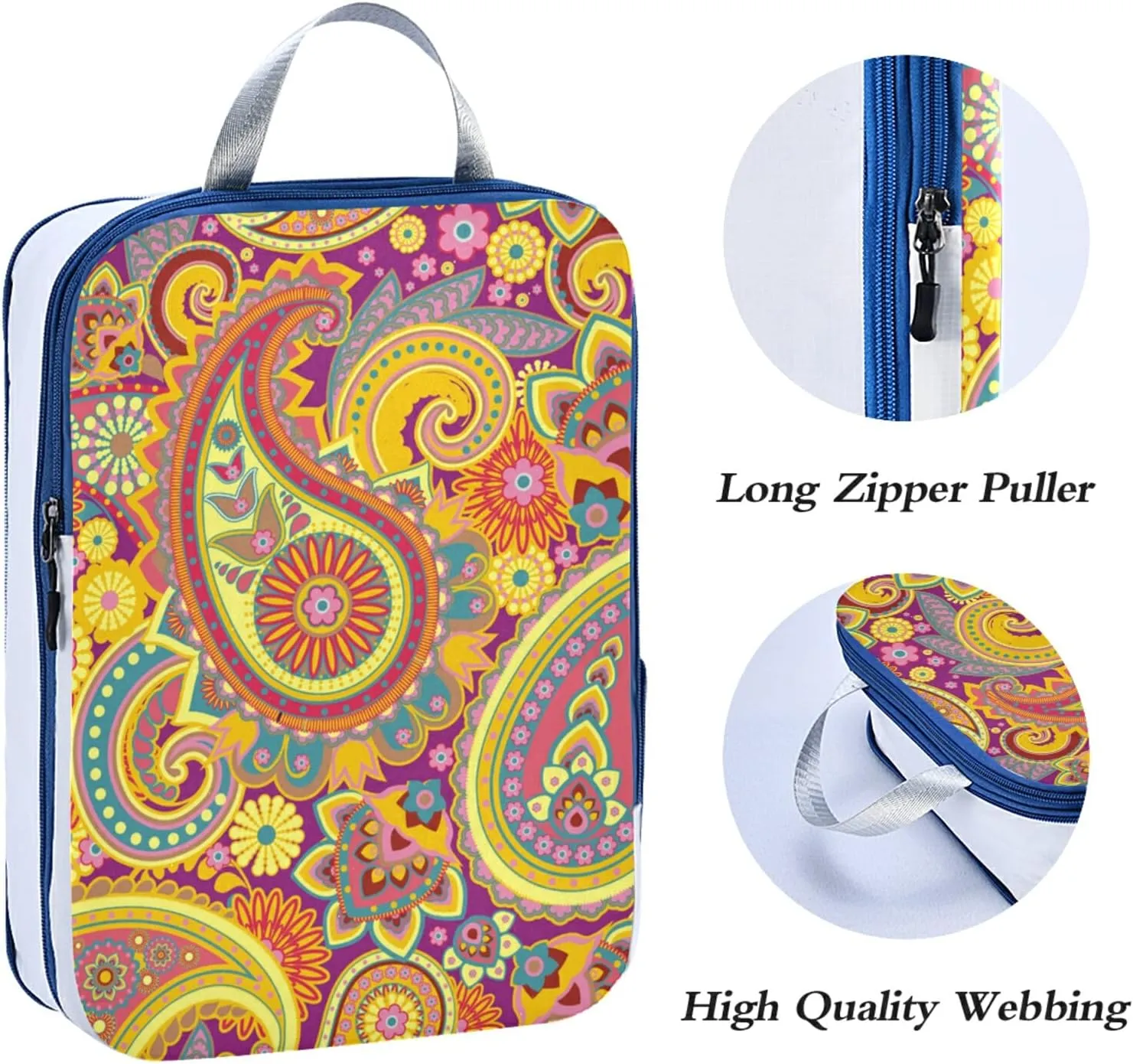 Yellow Purple Traditional Asian Paisley Floral Flowers 3 Set Packing Cubes, Travel Packing Organizers for Suitcases, Waterproof Check Oxford Toiletry Compression Luggage Storage Bag