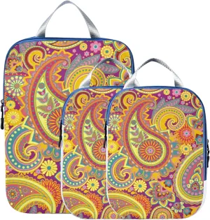 Yellow Purple Traditional Asian Paisley Floral Flowers 3 Set Packing Cubes, Travel Packing Organizers for Suitcases, Waterproof Check Oxford Toiletry Compression Luggage Storage Bag