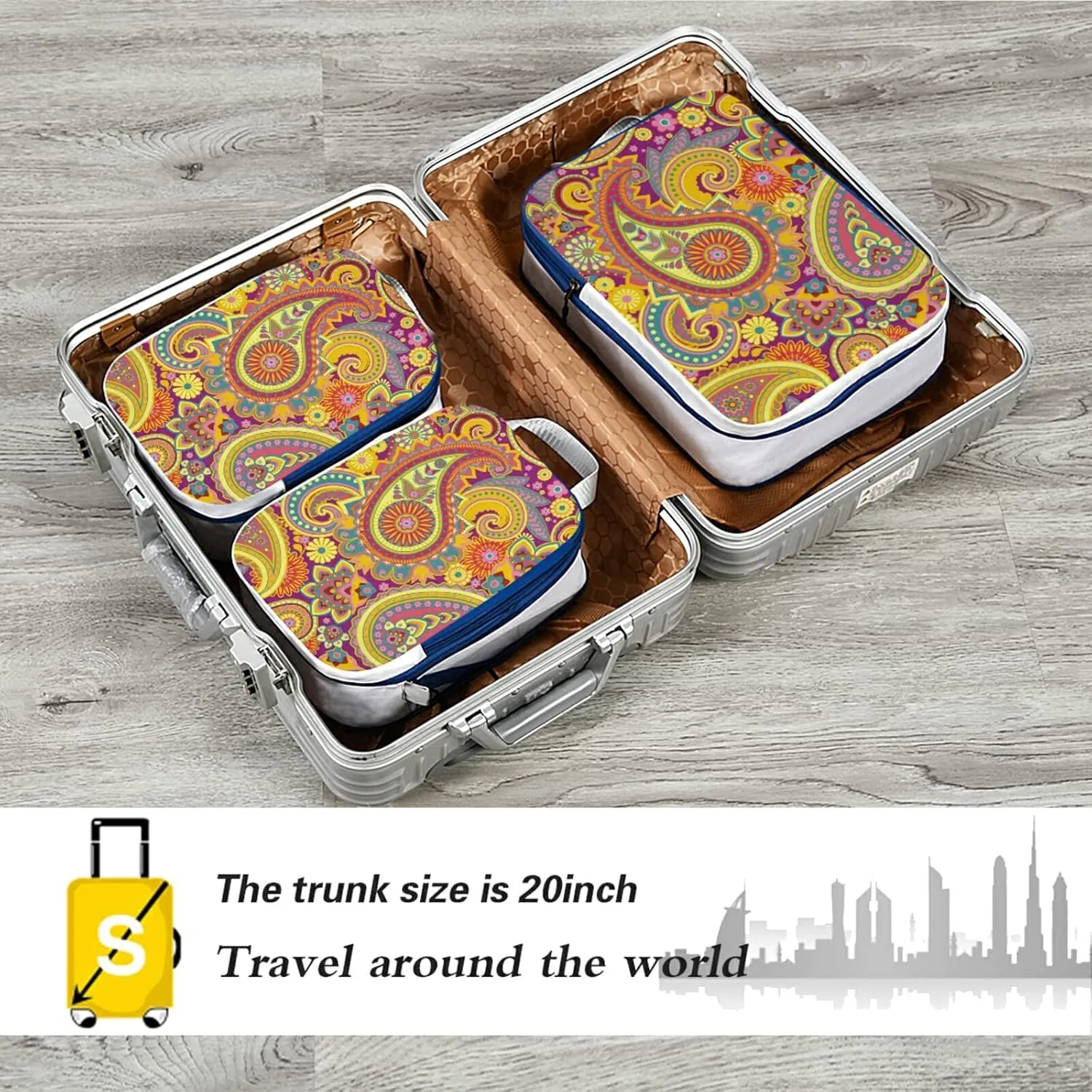Yellow Purple Traditional Asian Paisley Floral Flowers 3 Set Packing Cubes, Travel Packing Organizers for Suitcases, Waterproof Check Oxford Toiletry Compression Luggage Storage Bag
