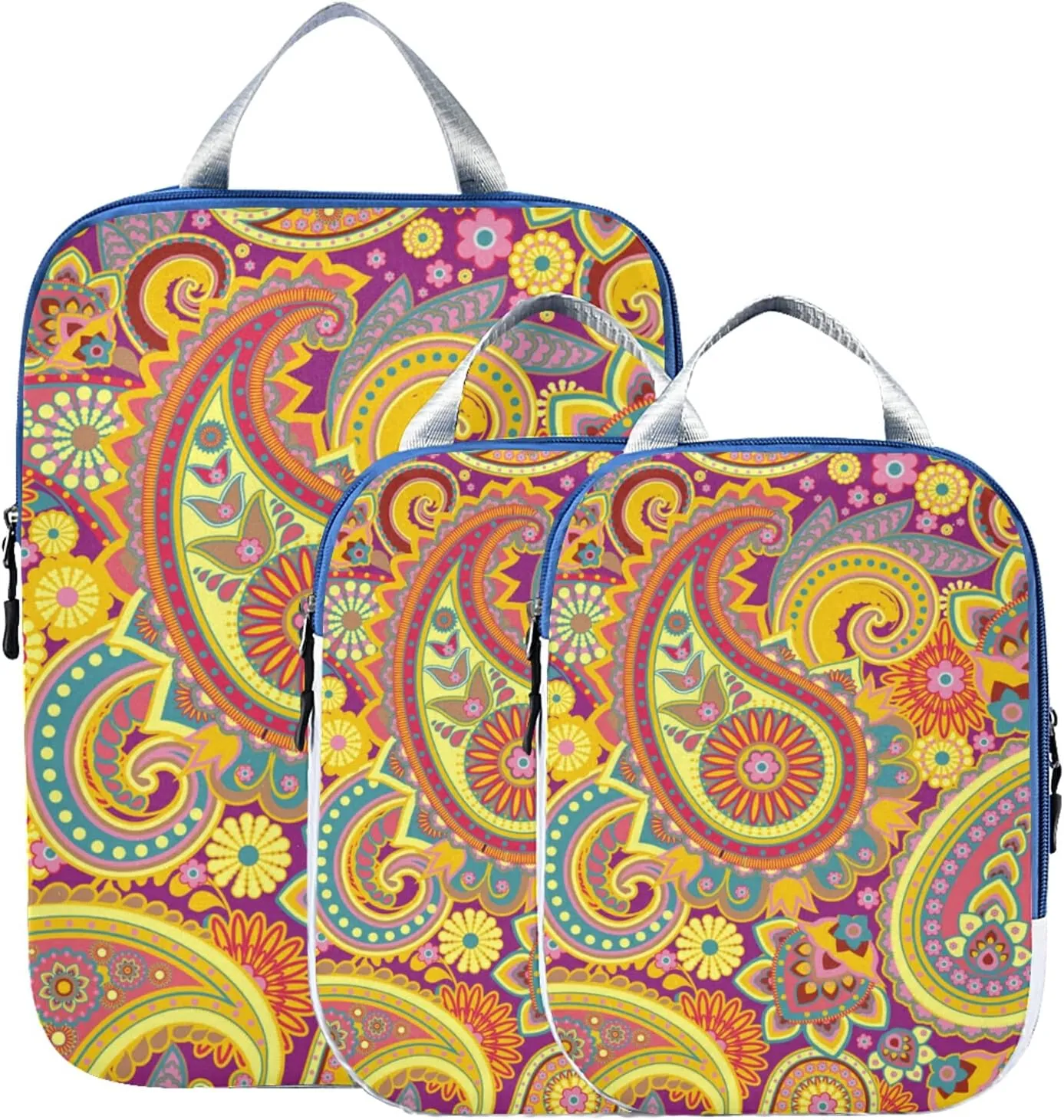 Yellow Purple Traditional Asian Paisley Floral Flowers 3 Set Packing Cubes, Travel Packing Organizers for Suitcases, Waterproof Check Oxford Toiletry Compression Luggage Storage Bag