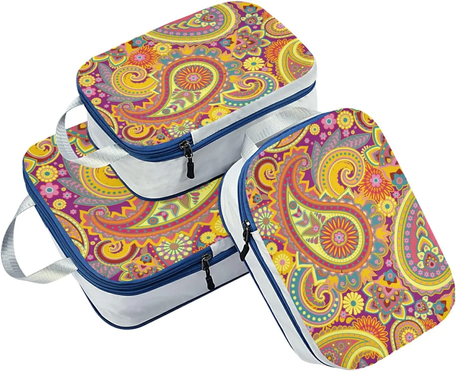 Yellow Purple Traditional Asian Paisley Floral Flowers 3 Set Packing Cubes, Travel Packing Organizers for Suitcases, Waterproof Check Oxford Toiletry Compression Luggage Storage Bag