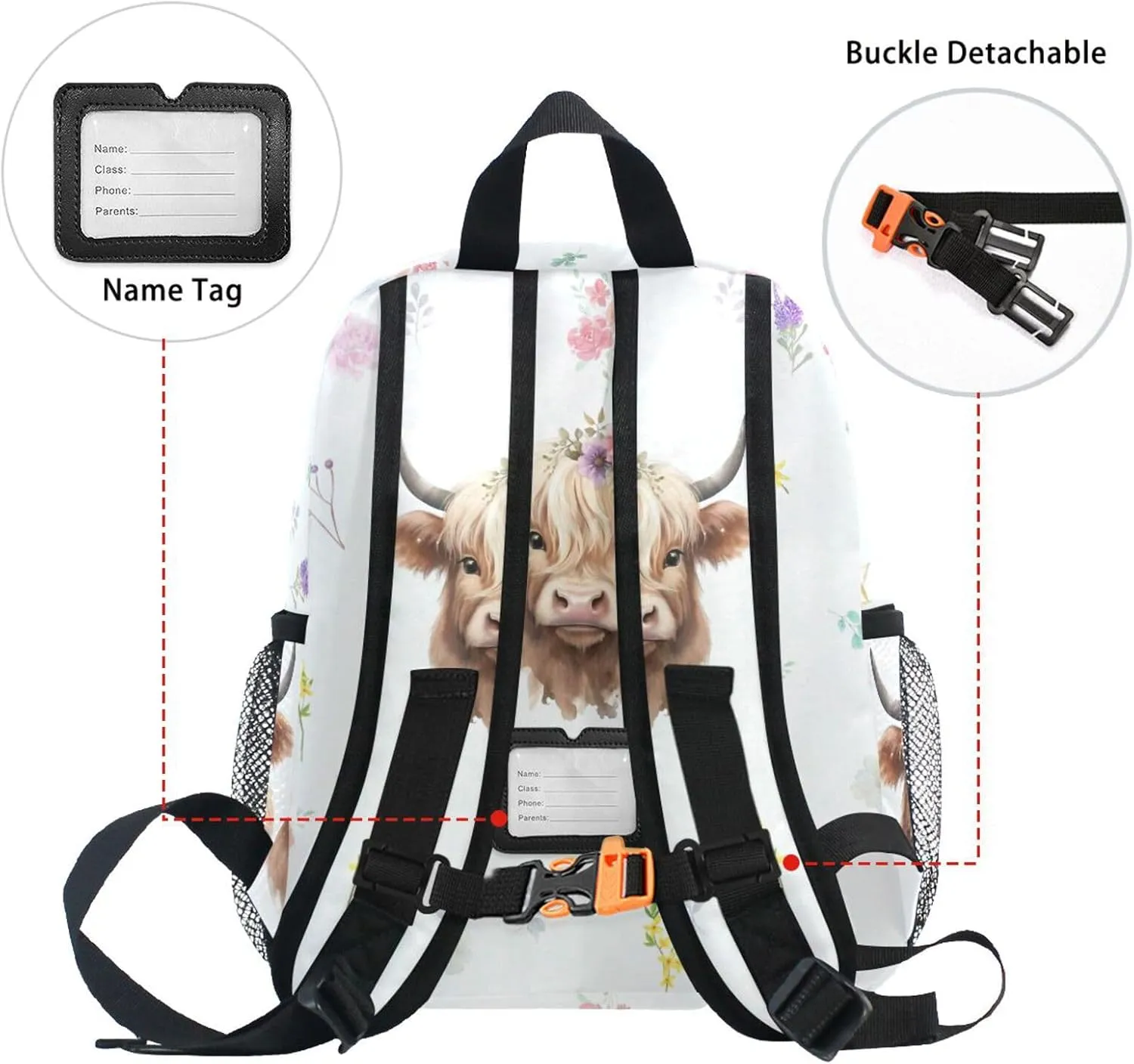 ZAZYXTJ Cute Highland Cow Kids Backpack for Boys Girls Toddler Backpack with Chest Strap Name Tag Preschool Backpack 3-8 Years Old