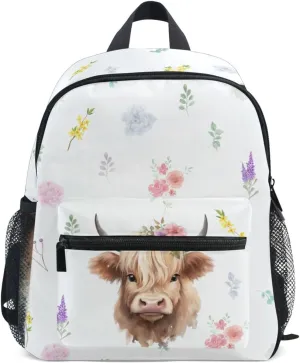 ZAZYXTJ Cute Highland Cow Kids Backpack for Boys Girls Toddler Backpack with Chest Strap Name Tag Preschool Backpack 3-8 Years Old
