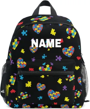 ZAZYXTJ Personalized Autism Awareness Colorful Puzzle Kids Backpack for Boys Girls Toddler Backpack with Chest Strap Name Tag Preschool Backpack 3-8 Years Old