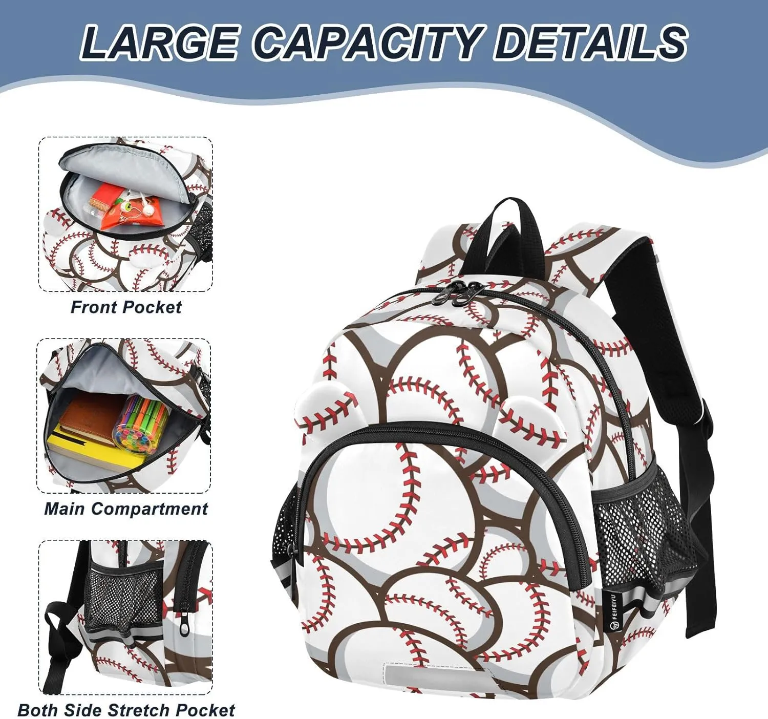 ZAZYXTJ Personalized Baseball Kids Backpack for Boys Girls Toddler School Bag with Chest Strap Ears Preschool Backpack 3-6 Years Old