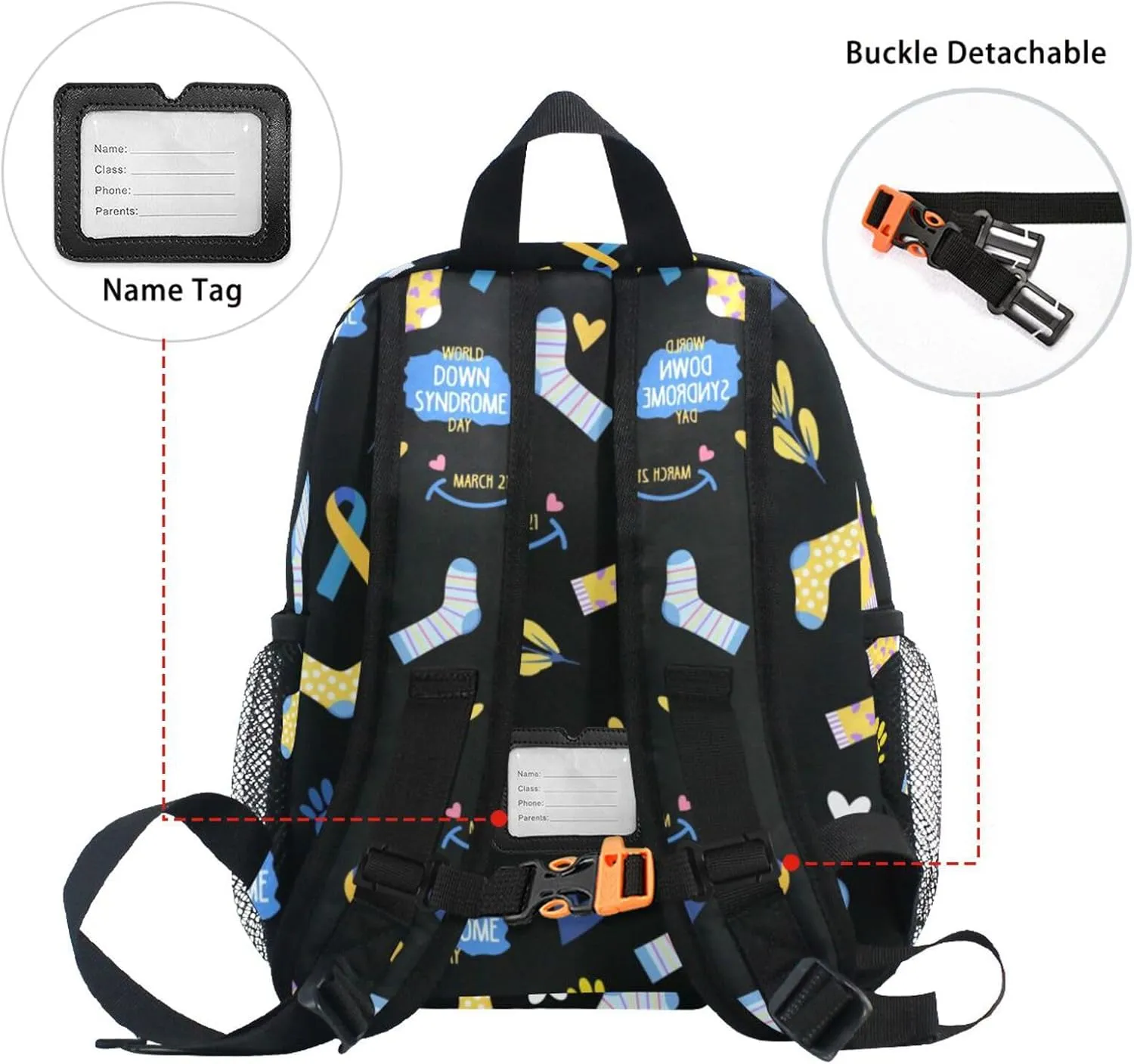 ZAZYXTJ Personalized Down Syndrome Awareness Kids Backpack for Boys Girls Toddler Backpack with Chest Strap Name Tag Preschool Backpack 3-8 Years Old