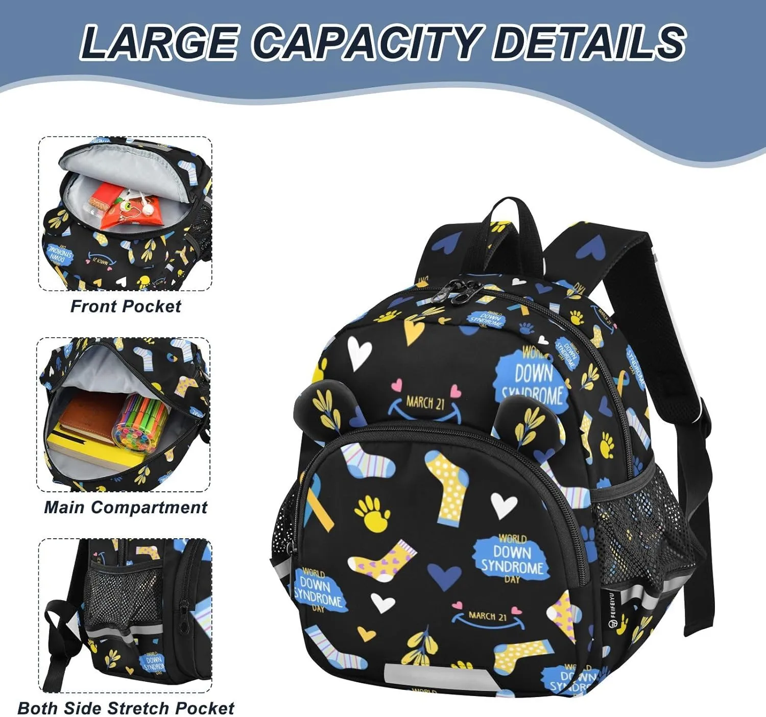 ZAZYXTJ Personalized Down Syndrome Awareness Kids Backpack for Boys Girls Toddler School Bag with Chest Strap Ears Preschool Backpack 3-6 Years Old