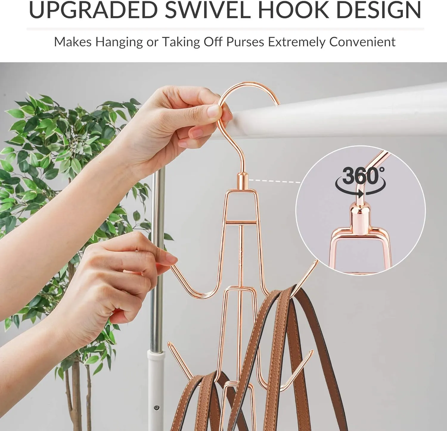 ZEDODIER Purse Hanger Organizer for Closet, 2 Pack Hanging Bag Holder, Keeping Purses Visible and in Good Condition, Metal Handbag Storage Hook Backpack Rack Space Saving Hanger, Rose Gold