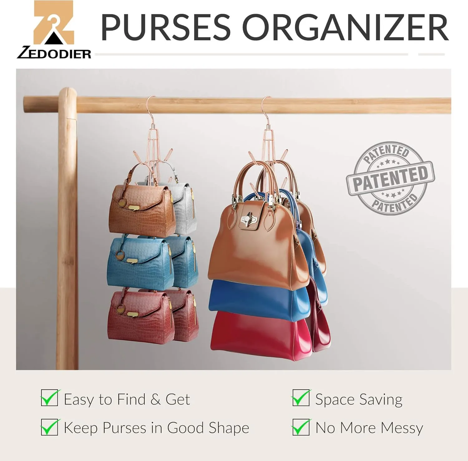 ZEDODIER Purse Hanger Organizer for Closet, 2 Pack Hanging Bag Holder, Keeping Purses Visible and in Good Condition, Metal Handbag Storage Hook Backpack Rack Space Saving Hanger, Rose Gold