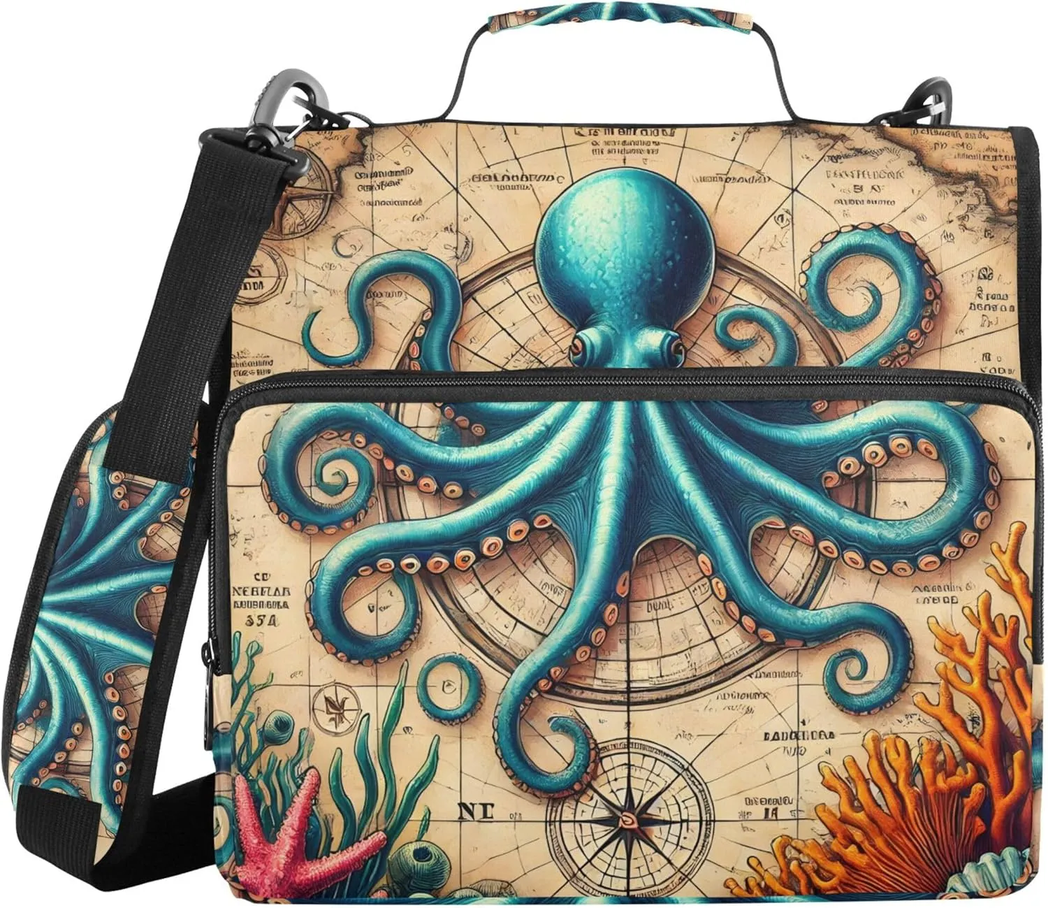 Zippered Binder Organizer Whimsical Octopus Maritime Print 1 1/2 Inch 3 Ring Binders D Ring Print School Binders Bag with Shoulder Strap Storage Portfolio Case with Handle