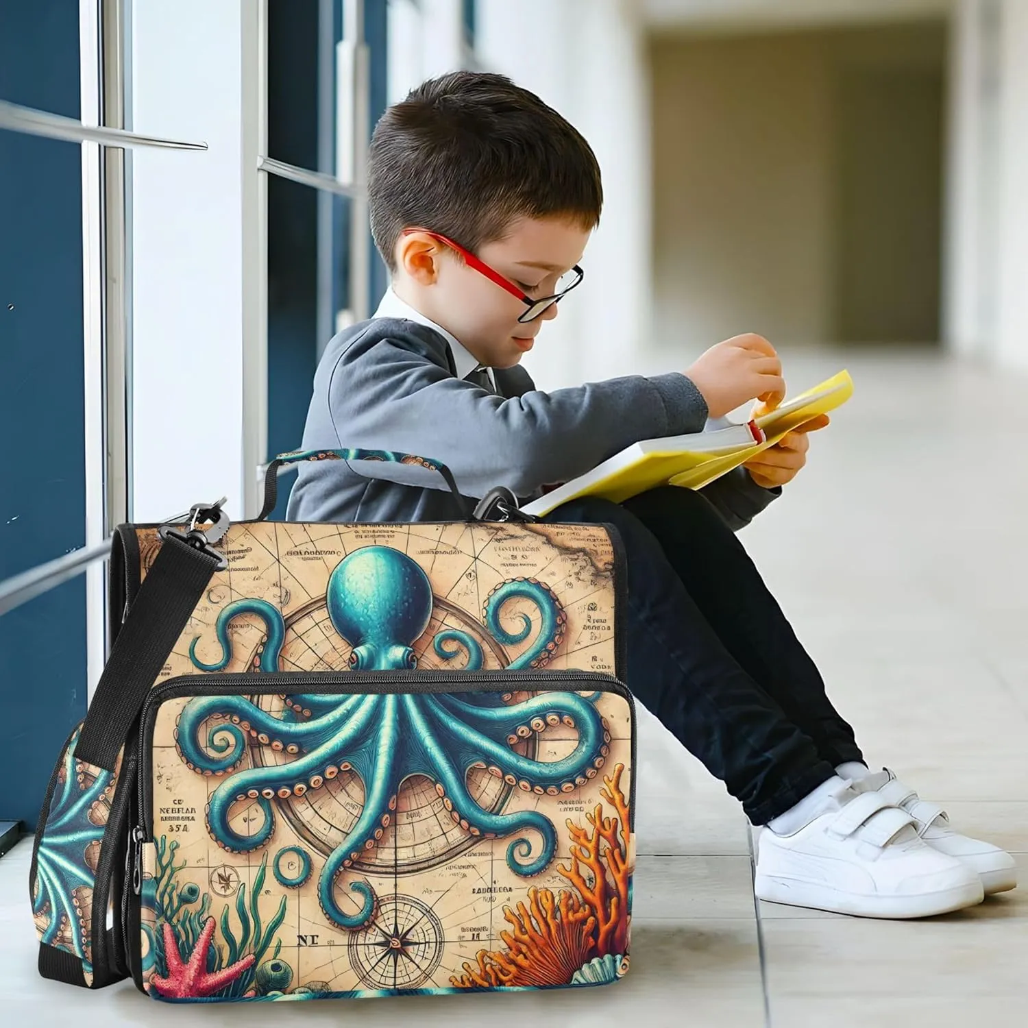 Zippered Binder Organizer Whimsical Octopus Maritime Print 1 1/2 Inch 3 Ring Binders D Ring Print School Binders Bag with Shoulder Strap Storage Portfolio Case with Handle