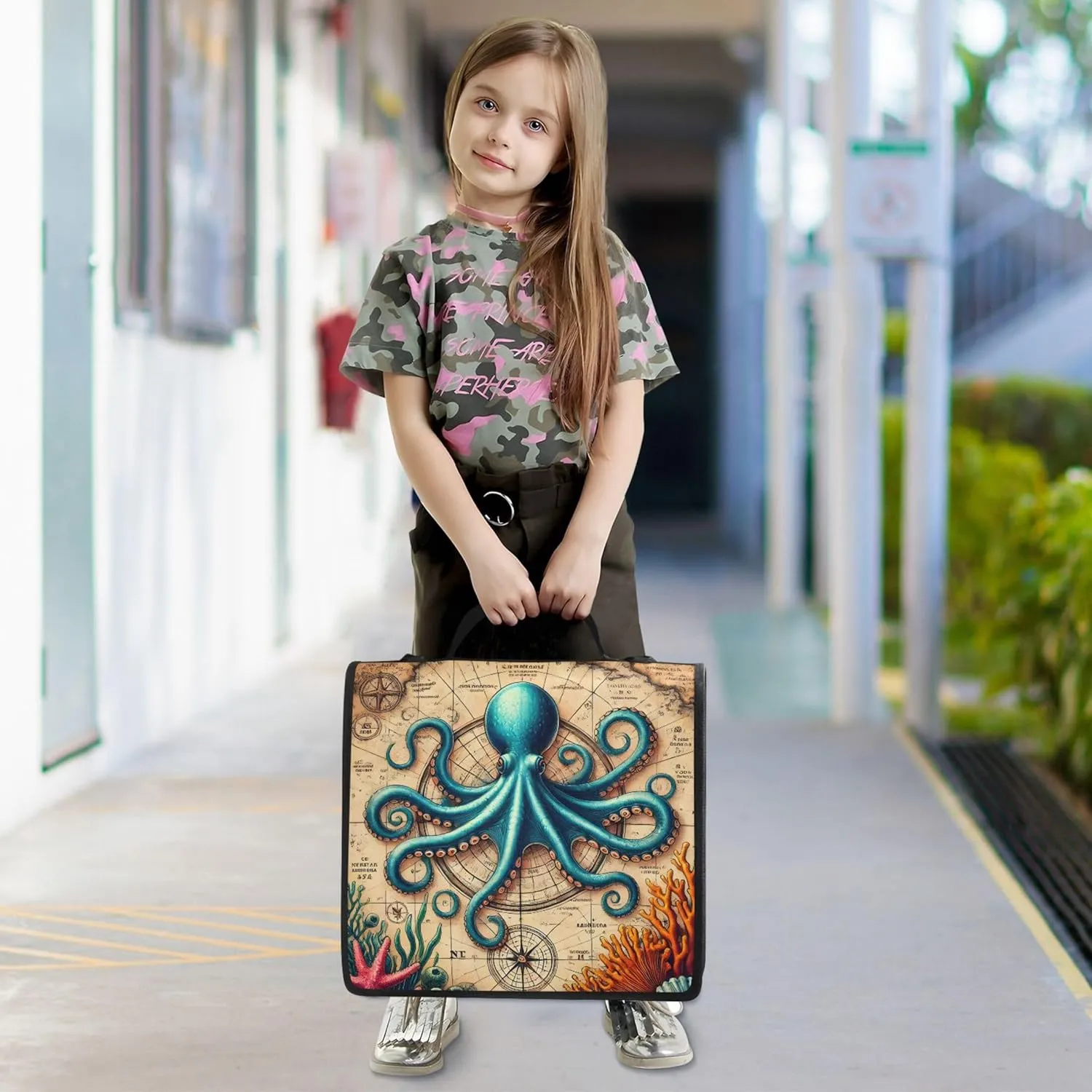 Zippered Binder Organizer Whimsical Octopus Maritime Print 1 1/2 Inch 3 Ring Binders D Ring Print School Binders Bag with Shoulder Strap Storage Portfolio Case with Handle