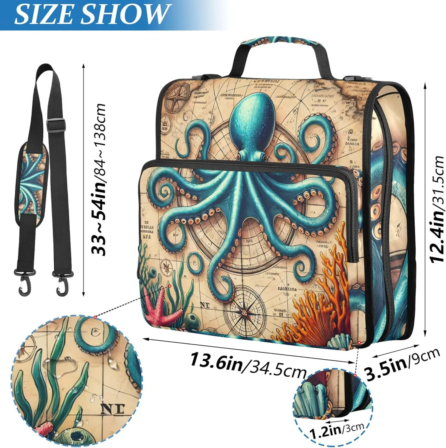 Zippered Binder Organizer Whimsical Octopus Maritime Print 1 1/2 Inch 3 Ring Binders D Ring Print School Binders Bag with Shoulder Strap Storage Portfolio Case with Handle
