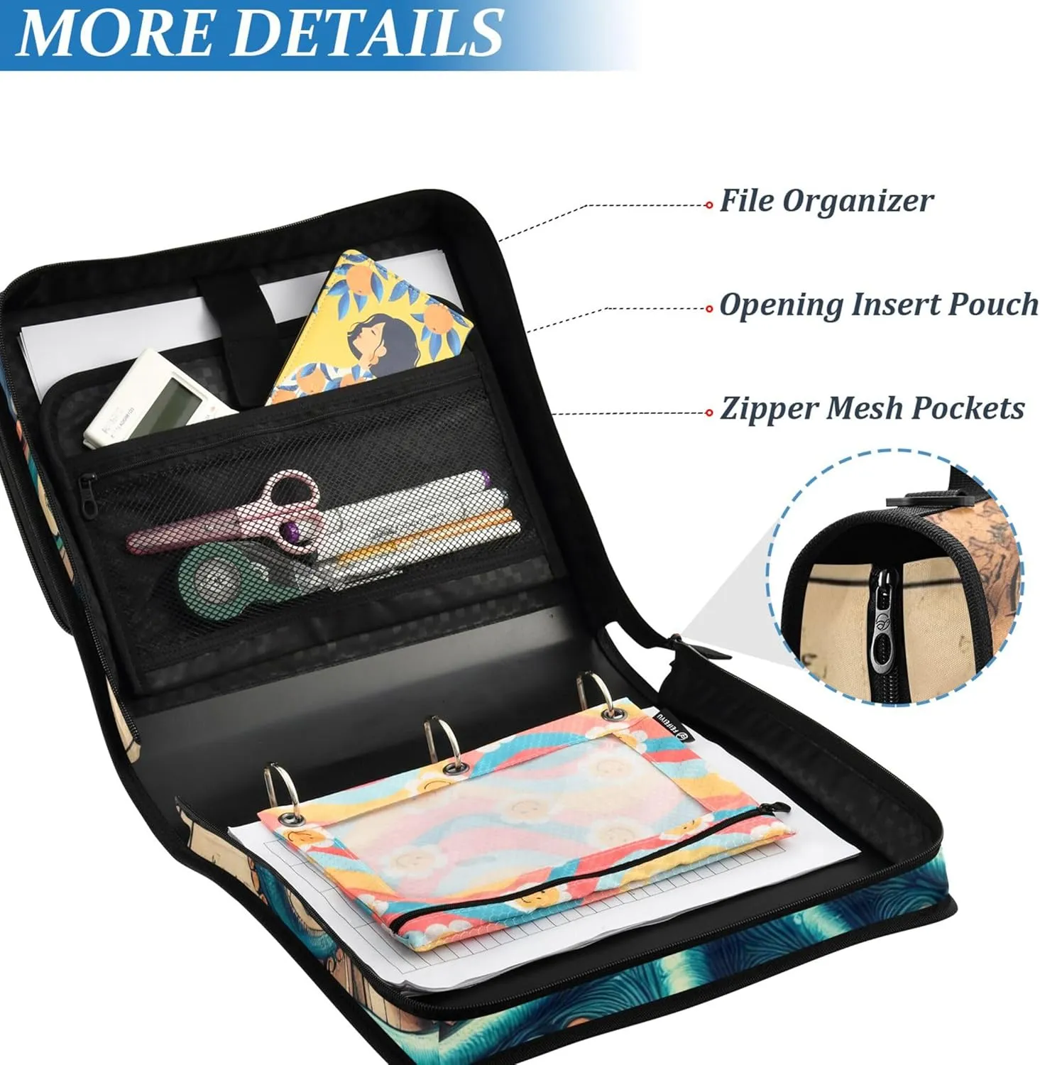 Zippered Binder Organizer Whimsical Octopus Maritime Print 1 1/2 Inch 3 Ring Binders D Ring Print School Binders Bag with Shoulder Strap Storage Portfolio Case with Handle