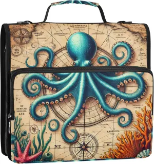 Zippered Binder Organizer Whimsical Octopus Maritime Print 1 1/2 Inch 3 Ring Binders D Ring Print School Binders Bag with Shoulder Strap Storage Portfolio Case with Handle