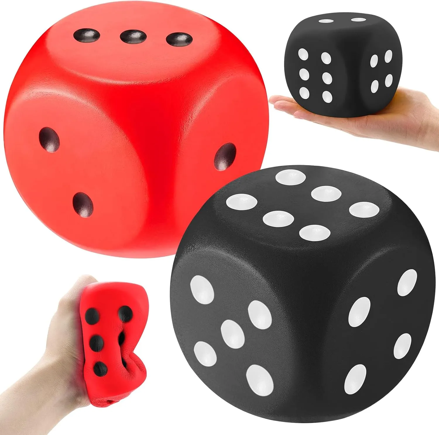 Zomiboo 2 Pcs Large Foam Dice Stress Balls Soft Jumbo 6 Sided Giant Dice Educational Learning Squeeze Anxiety Relieve Toy Gifts for Adults Kids Board Game Classroom(Red, Black,3.93 Inch)