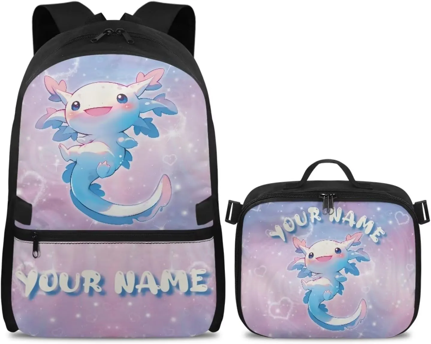 ZOUTAIRONG Blue Axolotl School Bags for Girls 7-10/10-12/12-16, Personalized Backpacks and Lunch Bag Customized Name Bookbag with 2 Side Pockets