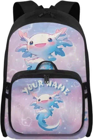 ZOUTAIRONG Blue Axolotl School Bags for Girls 7-10/10-12/12-16, Personalized Backpacks and Lunch Bag Customized Name Bookbag with 2 Side Pockets