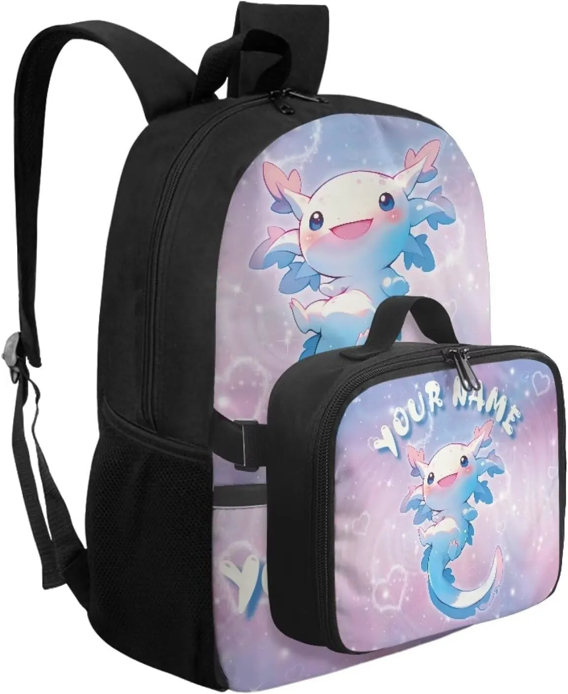 ZOUTAIRONG Blue Axolotl School Bags for Girls 7-10/10-12/12-16, Personalized Backpacks and Lunch Bag Customized Name Bookbag with 2 Side Pockets