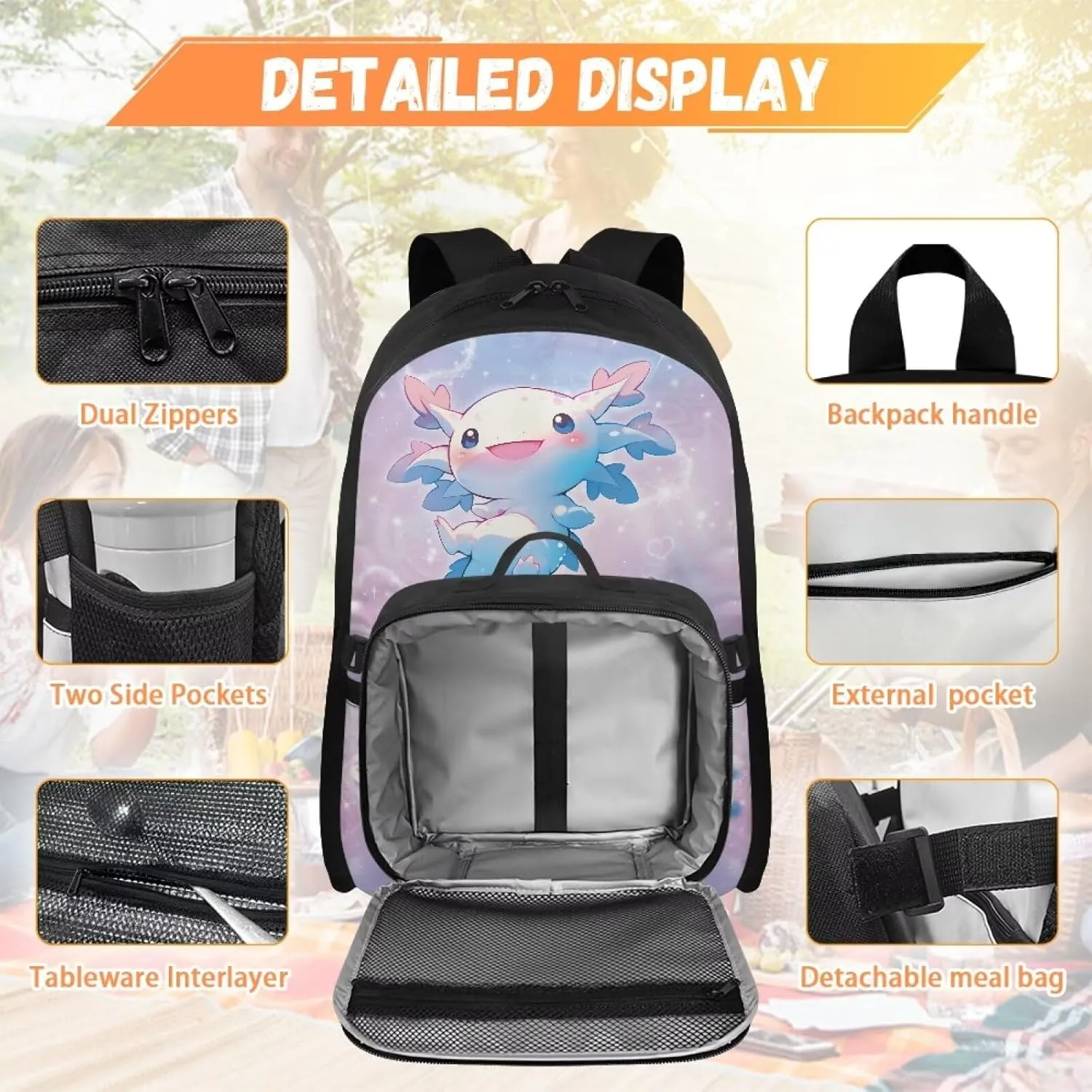 ZOUTAIRONG Blue Axolotl School Bags for Girls 7-10/10-12/12-16, Personalized Backpacks and Lunch Bag Customized Name Bookbag with 2 Side Pockets