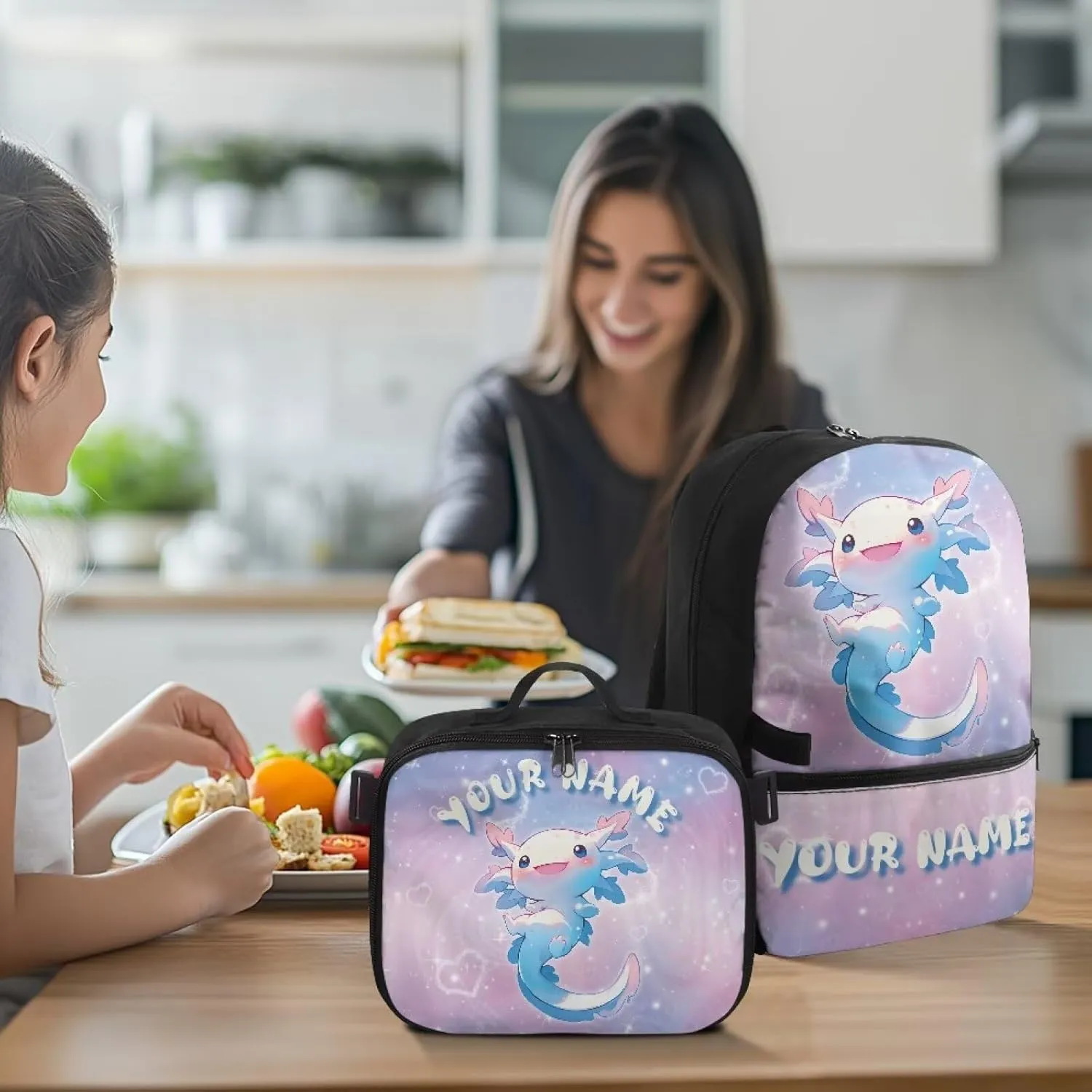 ZOUTAIRONG Blue Axolotl School Bags for Girls 7-10/10-12/12-16, Personalized Backpacks and Lunch Bag Customized Name Bookbag with 2 Side Pockets