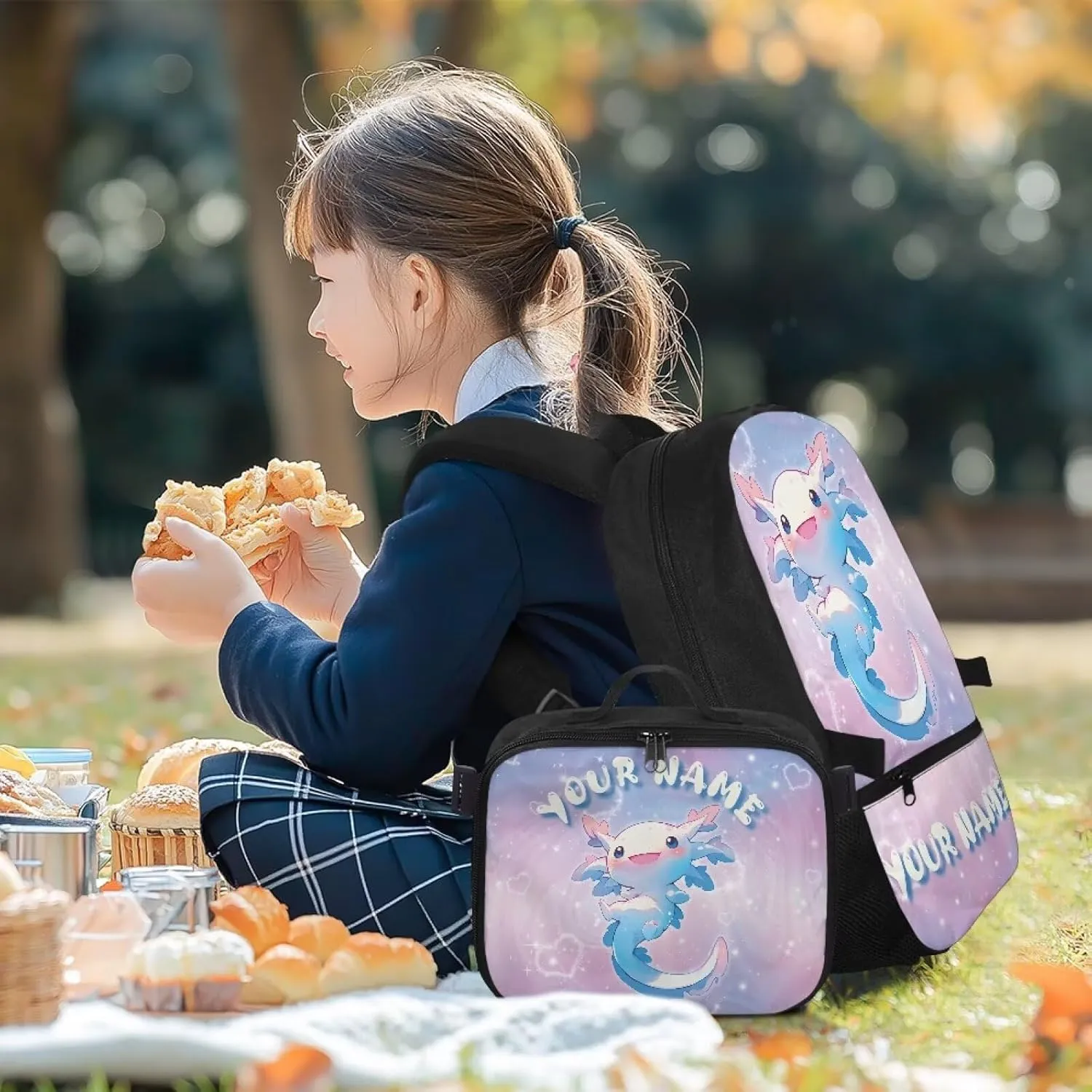 ZOUTAIRONG Blue Axolotl School Bags for Girls 7-10/10-12/12-16, Personalized Backpacks and Lunch Bag Customized Name Bookbag with 2 Side Pockets