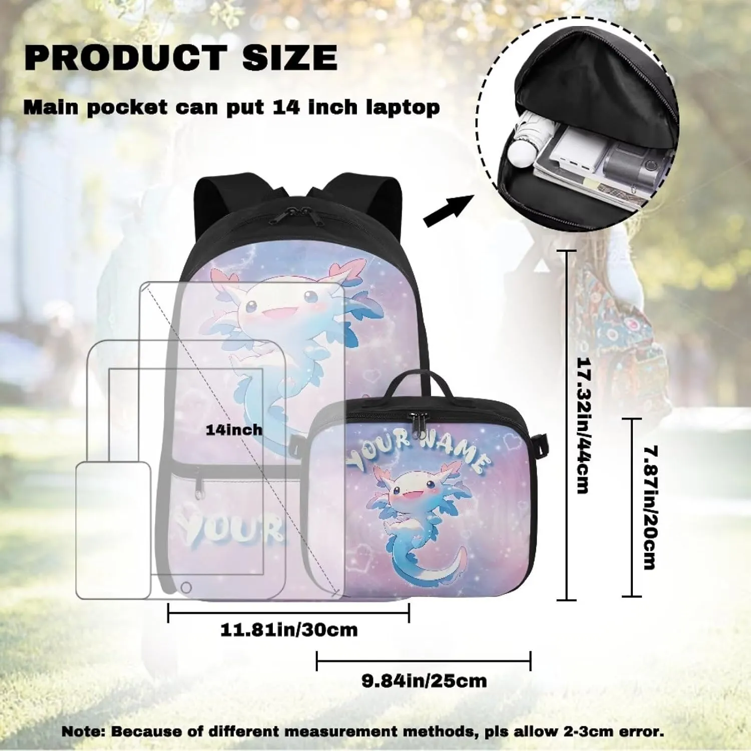ZOUTAIRONG Blue Axolotl School Bags for Girls 7-10/10-12/12-16, Personalized Backpacks and Lunch Bag Customized Name Bookbag with 2 Side Pockets