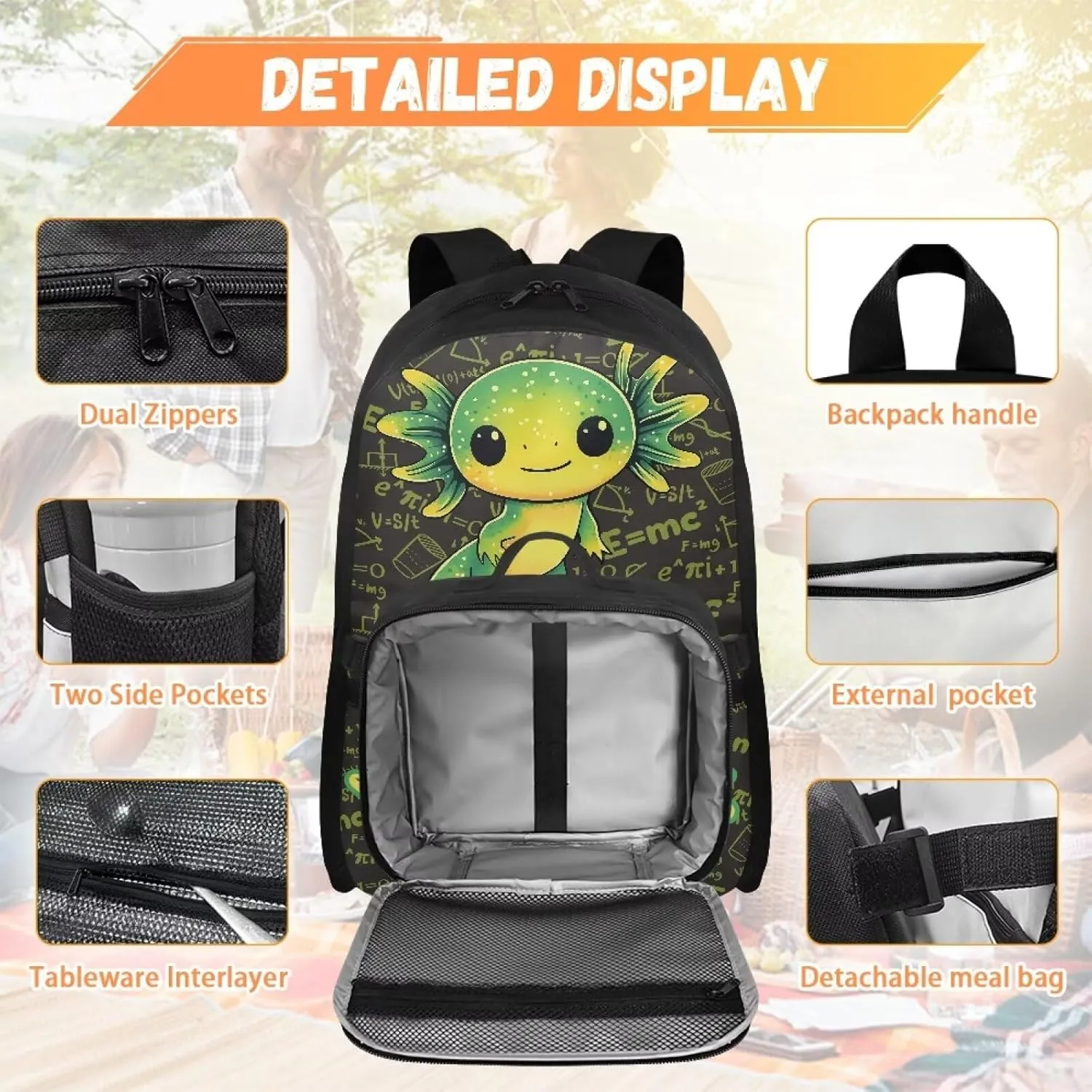 ZOUTAIRONG Green Axolotl Backpack for School Removable Lunch Bag School Bags for Girls 7-10/10-12/12-16, Fashion Casual Backpack with Side Pockets