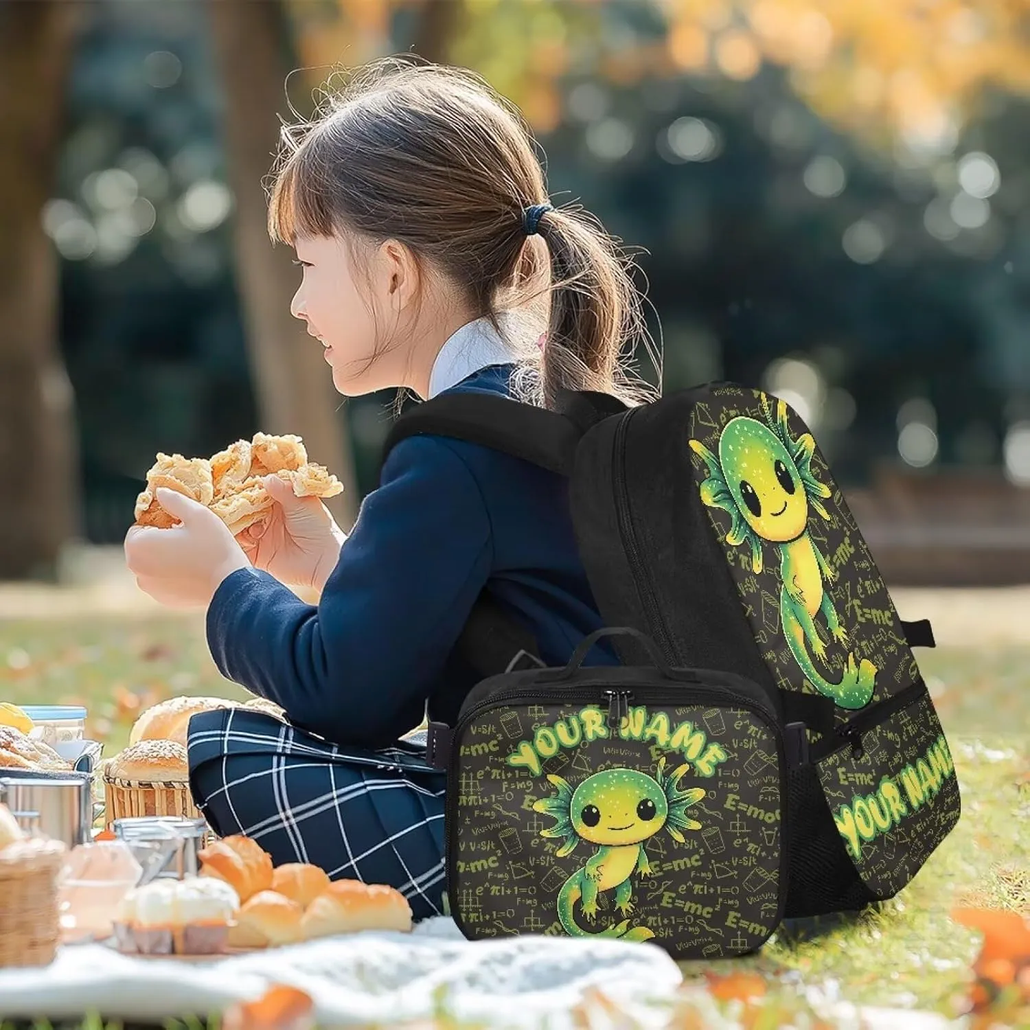ZOUTAIRONG Green Axolotl Backpack for School Removable Lunch Bag School Bags for Girls 7-10/10-12/12-16, Fashion Casual Backpack with Side Pockets