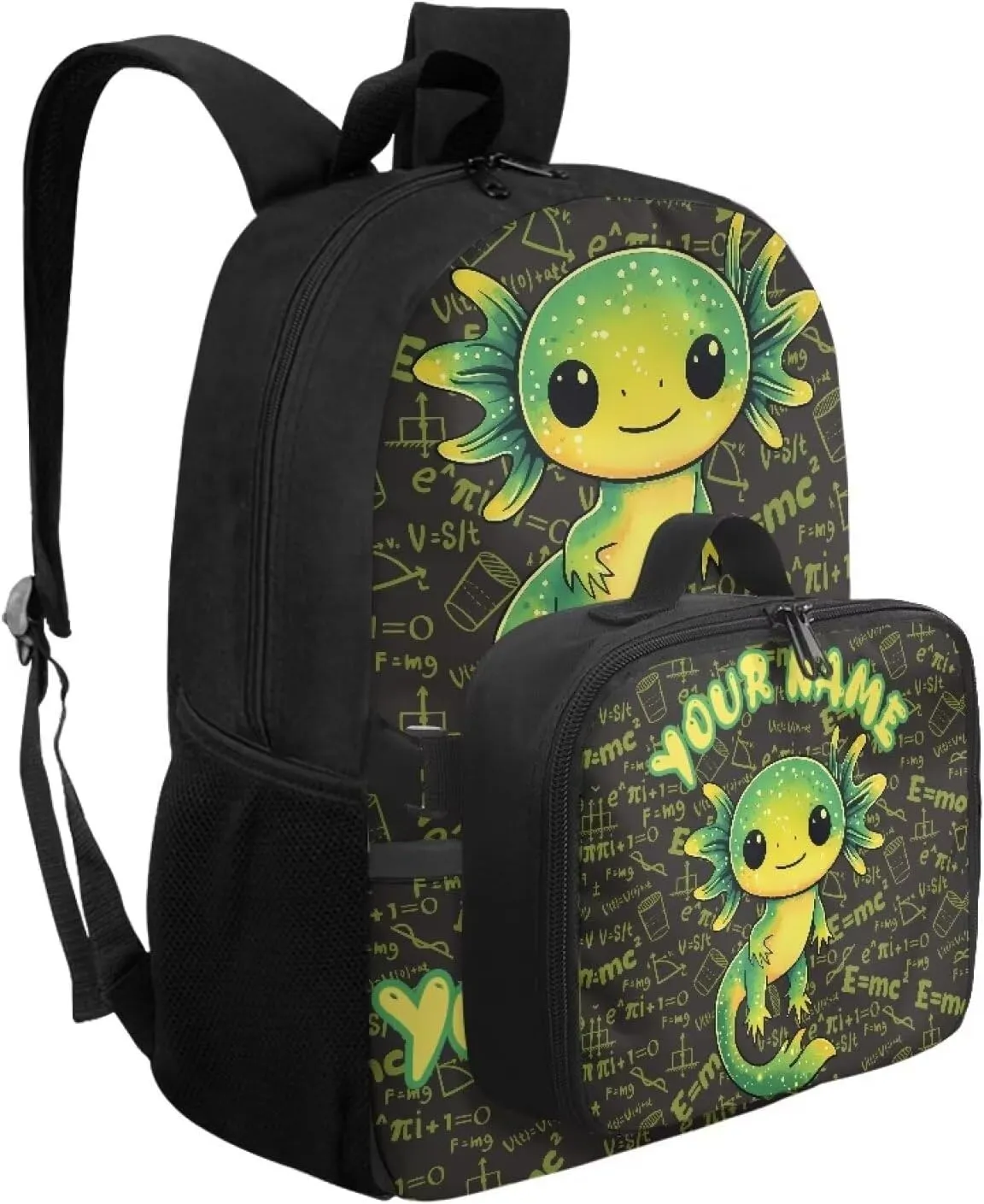ZOUTAIRONG Green Axolotl Backpack for School Removable Lunch Bag School Bags for Girls 7-10/10-12/12-16, Fashion Casual Backpack with Side Pockets