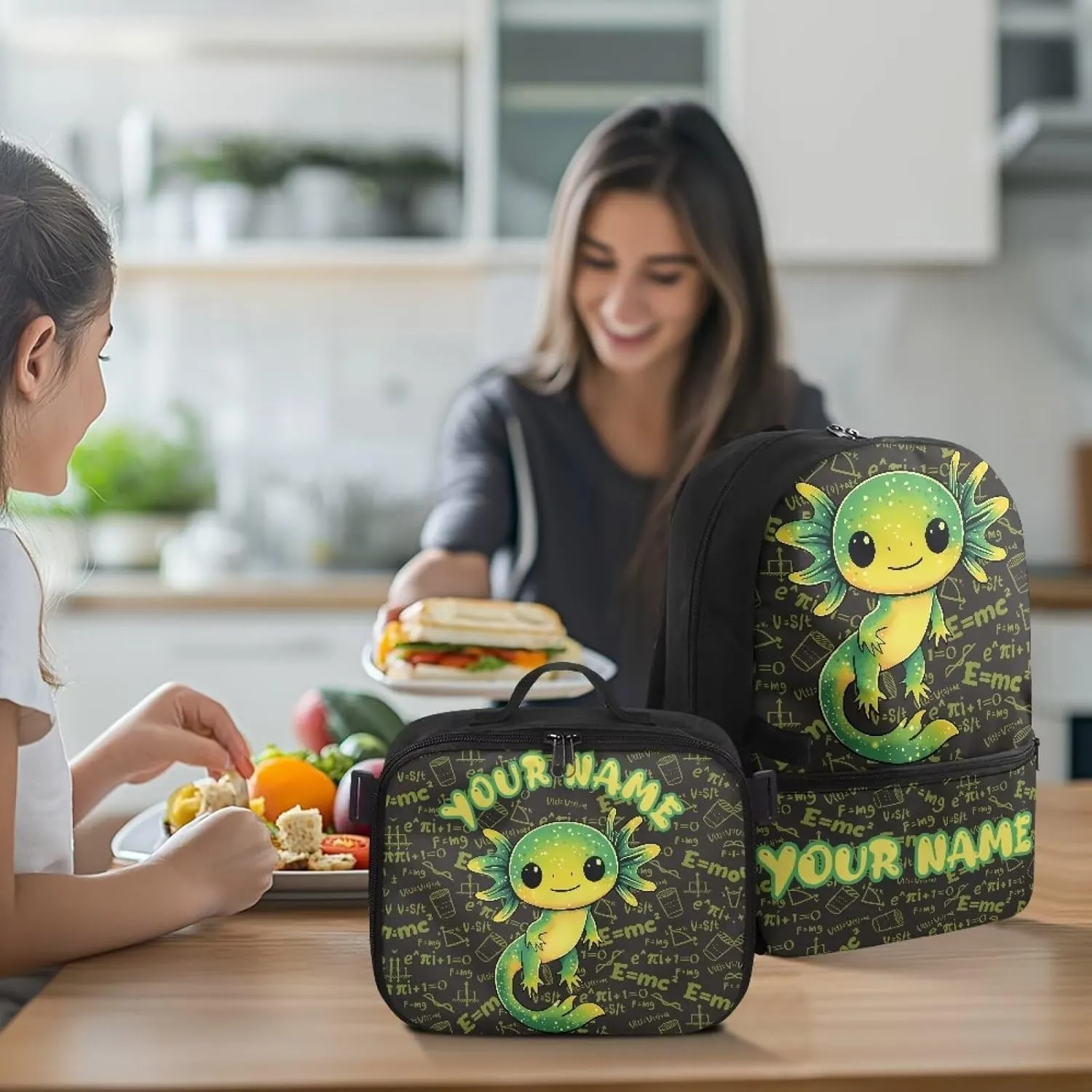 ZOUTAIRONG Green Axolotl Backpack for School Removable Lunch Bag School Bags for Girls 7-10/10-12/12-16, Fashion Casual Backpack with Side Pockets