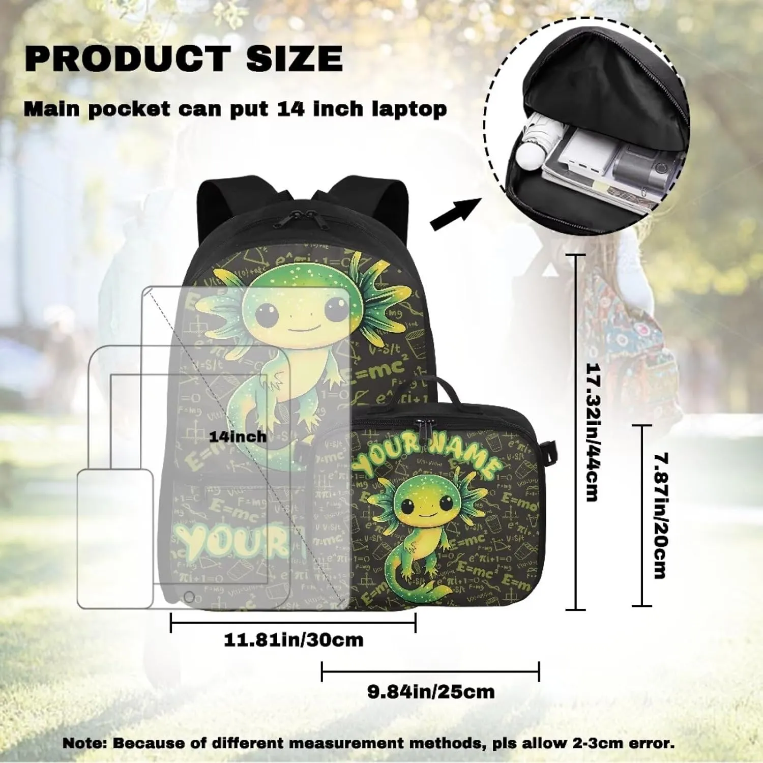 ZOUTAIRONG Green Axolotl Backpack for School Removable Lunch Bag School Bags for Girls 7-10/10-12/12-16, Fashion Casual Backpack with Side Pockets